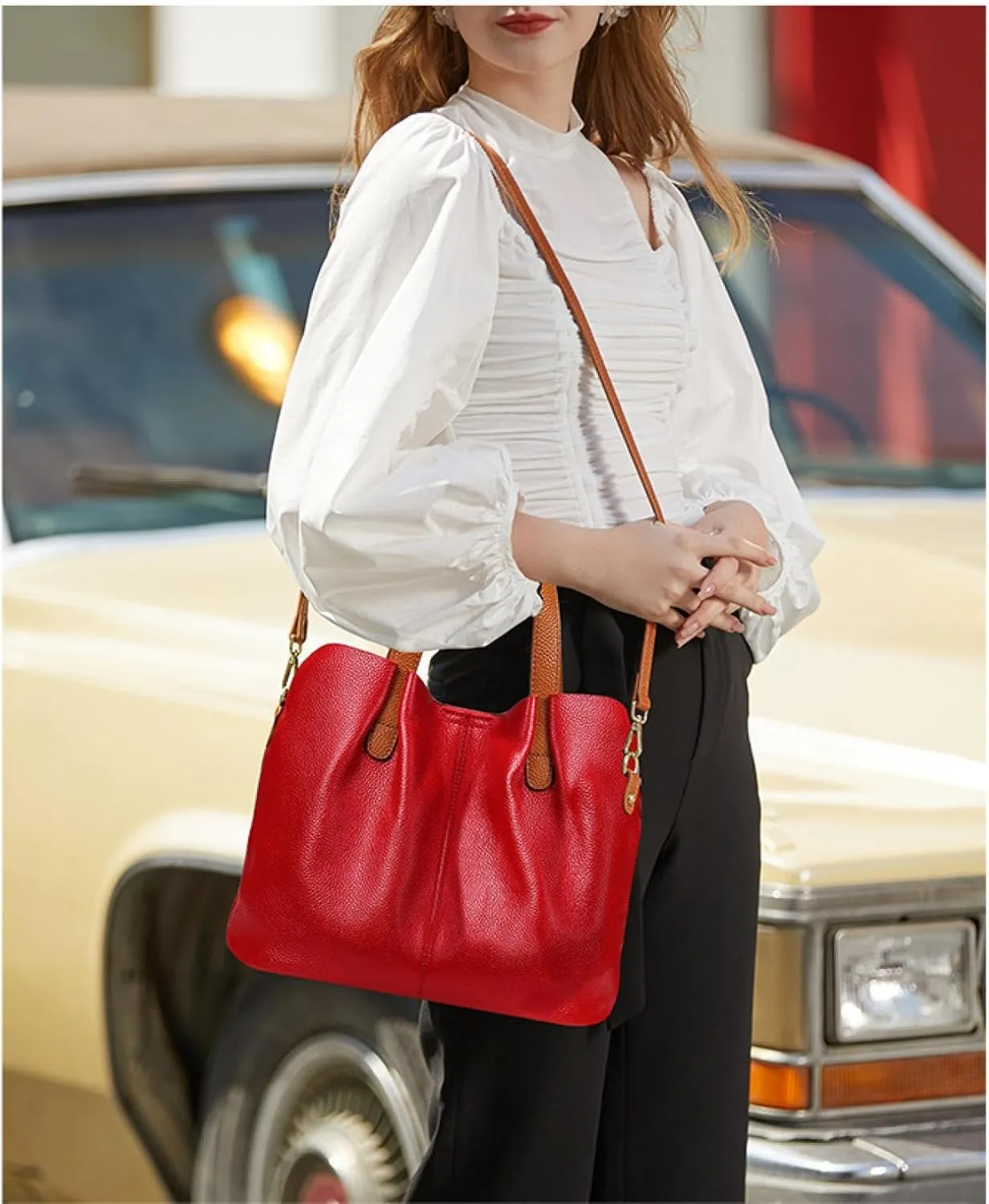 Commuter Top Layer Cowhide Contrast Women's Leather Large-Capacity Crossbody Tote