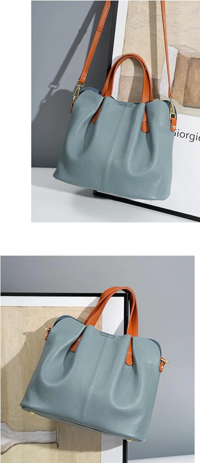 Commuter Top Layer Cowhide Contrast Women's Leather Large-Capacity Crossbody Tote