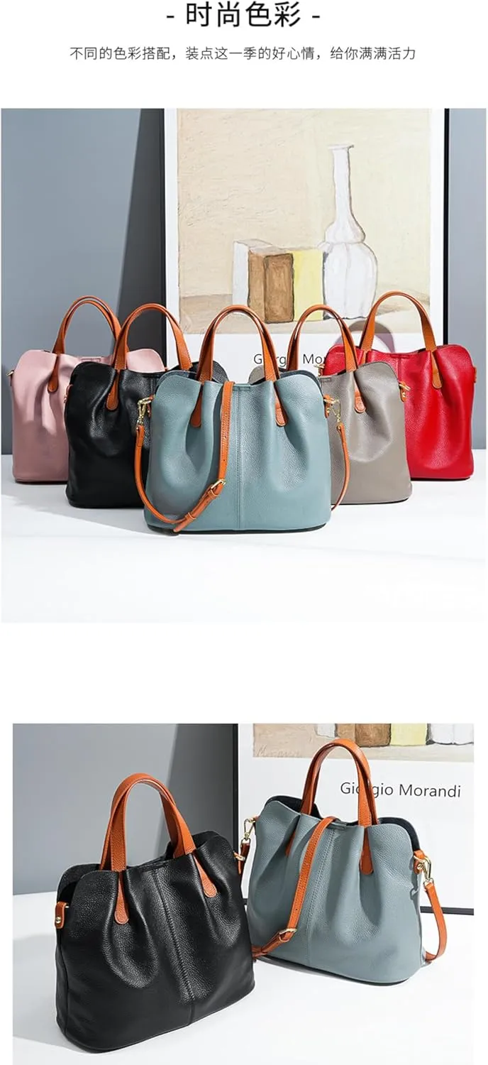 Commuter Top Layer Cowhide Contrast Women's Leather Large-Capacity Crossbody Tote