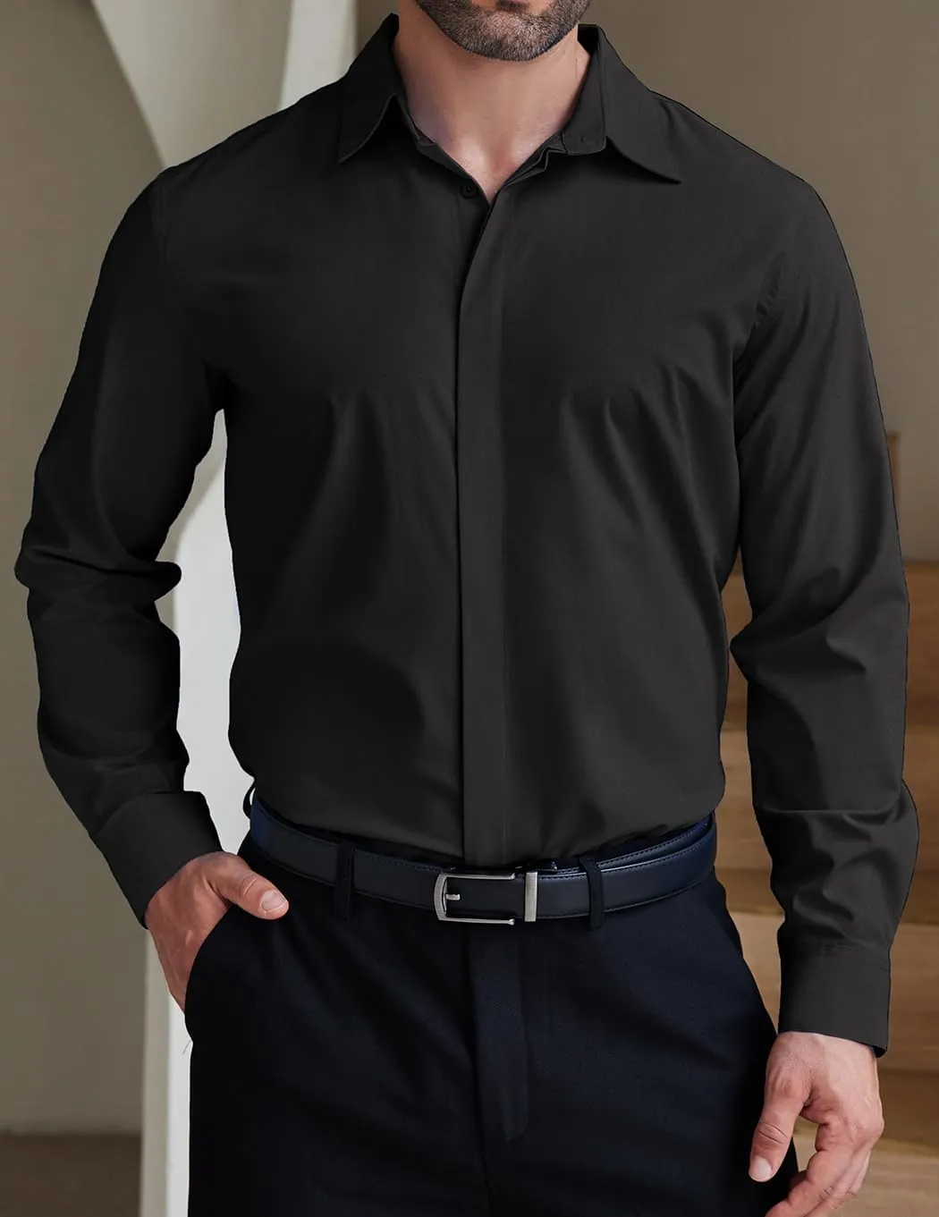 COOFANDY Men's Formal Dress Shirt Hidden Button Front Wrinkle Free Shirt Regular Fit Stretch Business Casual Shirts