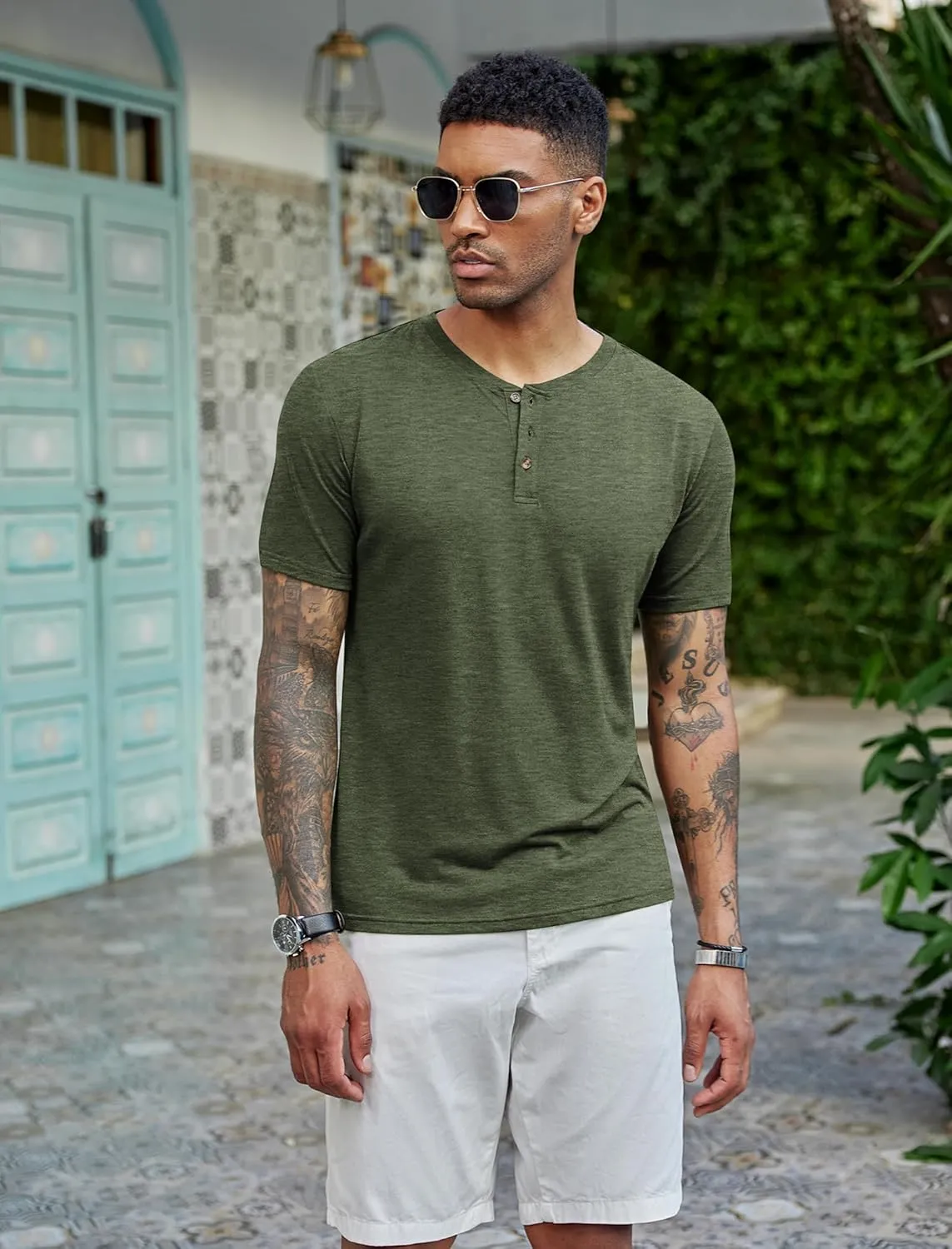 COOFANDY Men's Henley Shirts Short Sleeve Casual Basic Tee Summer Button Henley Soild T Shirts