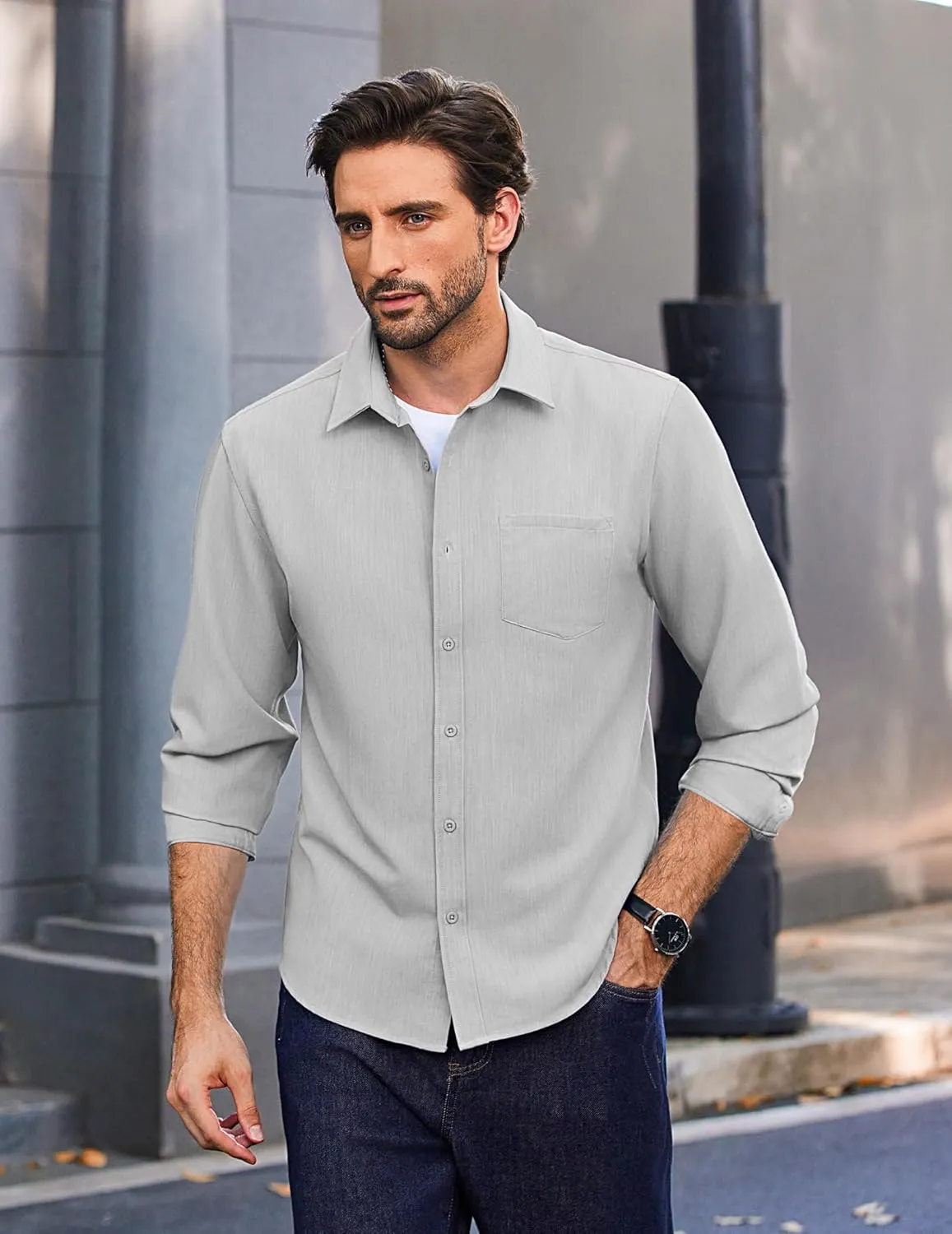 COOFANDY Men's Long Sleeve Button Down Shirt Wrinkle Free Untucked Dress Shirt Casual Denim Shirt
