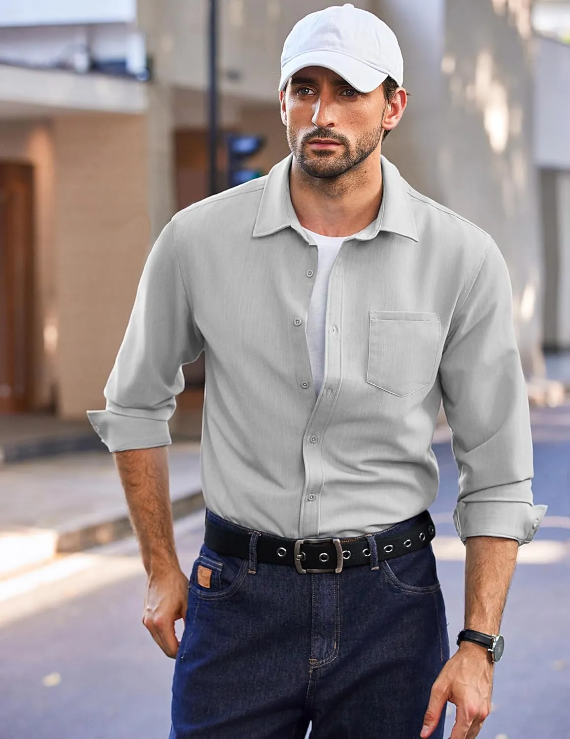 COOFANDY Men's Long Sleeve Button Down Shirt Wrinkle Free Untucked Dress Shirt Casual Denim Shirt