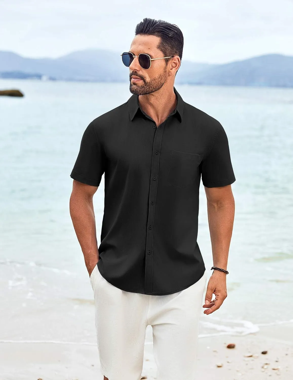 COOFANDY Shirts for Men Short Sleeve Button Down Shirt Casual Summer Beach Shirt