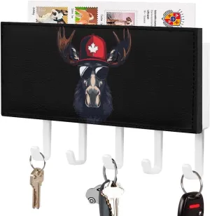 Cool Moose with Canada Flag Hat Novelty Key Holder Funny Keys Hook Mail Organizer Hanging Rack Decor with 5 Hooks for Wall