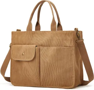 Corduroy Tote Bag for Women Girl Casual Shoulder Handbags Crossbody Bag with Zipper and Outer Pocket