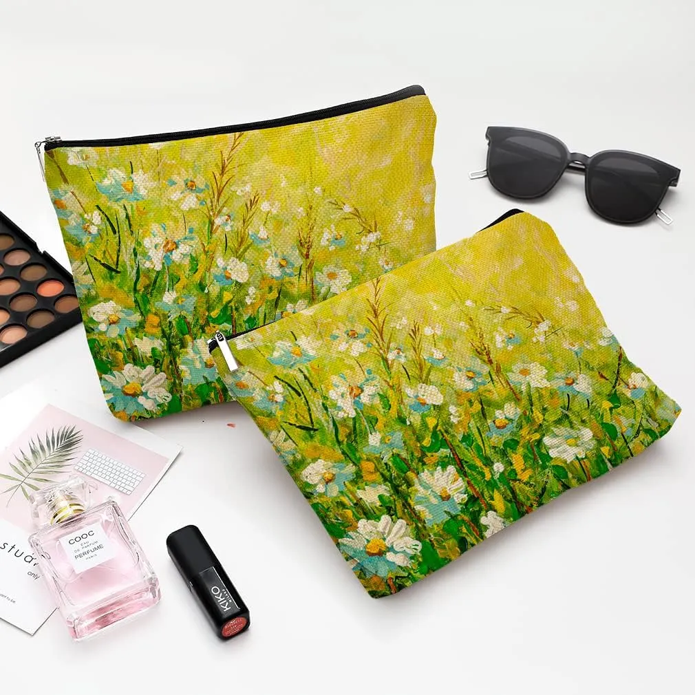 Cosmetic Bags for Women Cute Makeup Bag for Purse Canvas Travel Toiletry Bag Funny Zipper Pouch-Daisy Oil Painting Makeup Bags