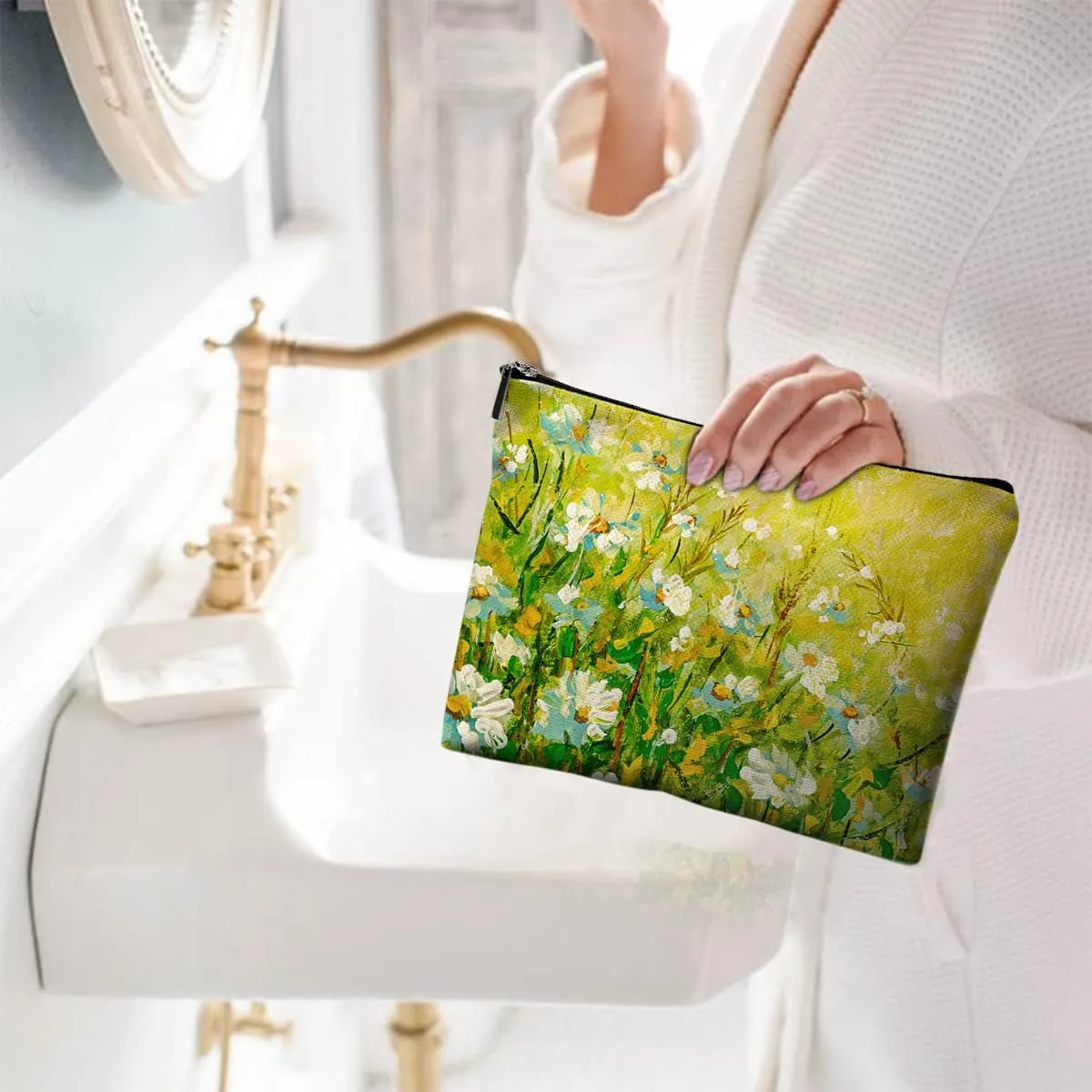 Cosmetic Bags for Women Cute Makeup Bag for Purse Canvas Travel Toiletry Bag Funny Zipper Pouch-Daisy Oil Painting Makeup Bags