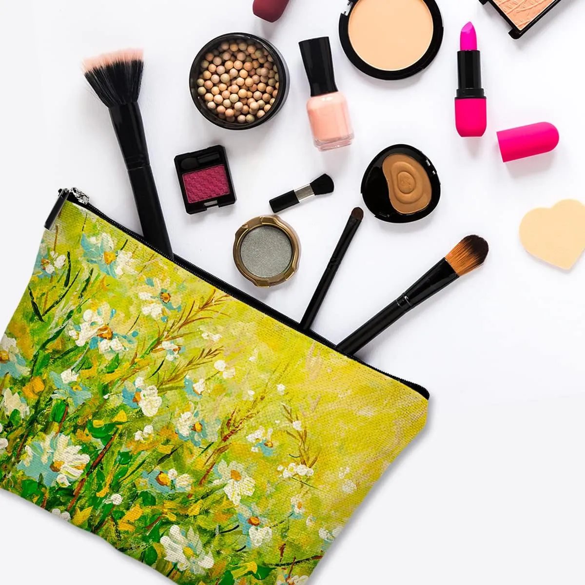 Cosmetic Bags for Women Cute Makeup Bag for Purse Canvas Travel Toiletry Bag Funny Zipper Pouch-Daisy Oil Painting Makeup Bags