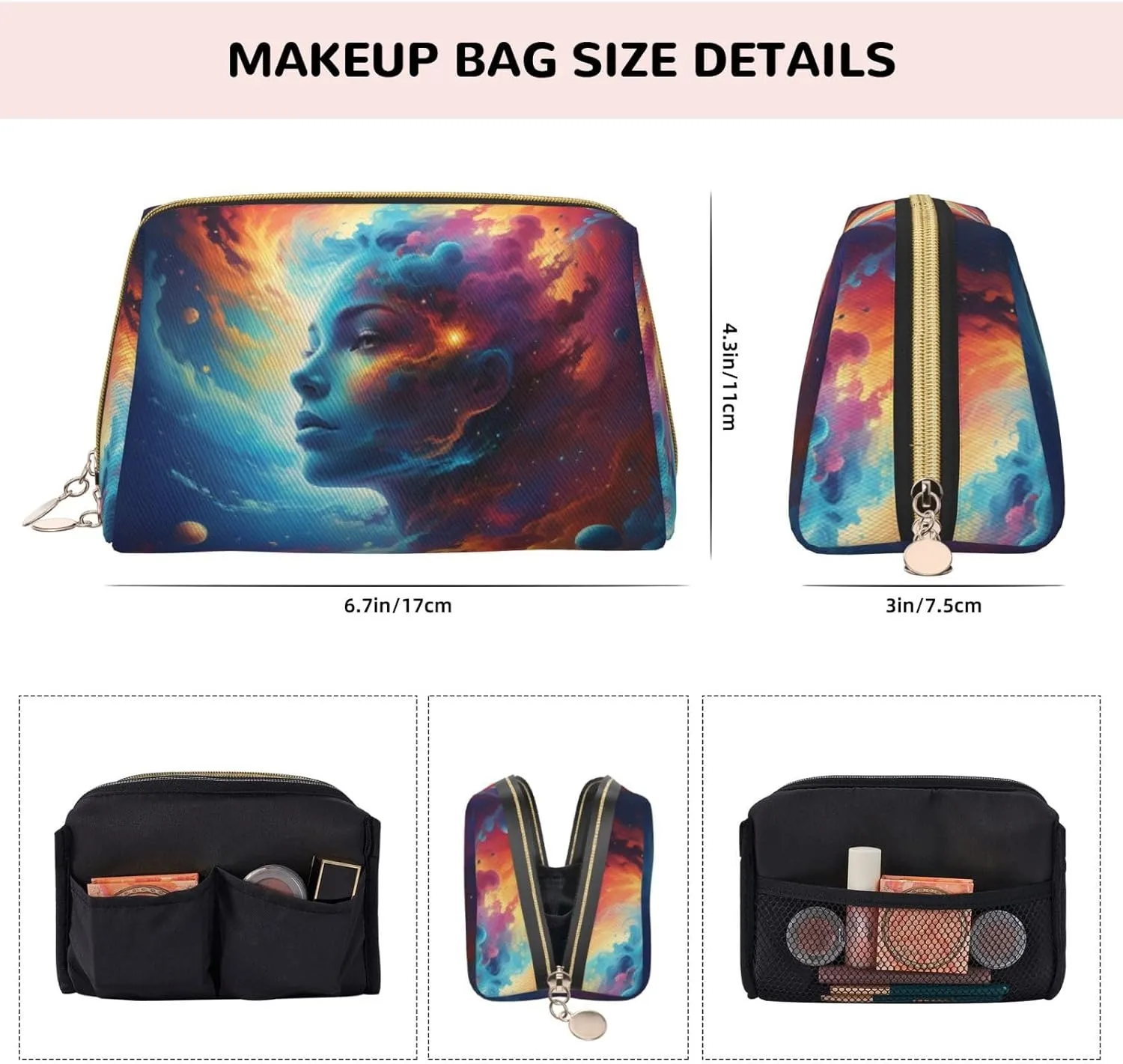 Cosmic Canvas Printed Small Makeup Bag,Travel Cosmetic Bag Purse with Zipper,Water-resistant Makeup Organizer Bag for Women