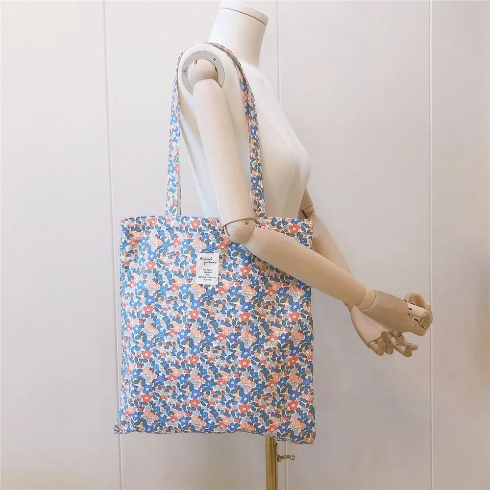 Cotton Canvas Tote Bag Reusable Soft Grocery Cloth Bag Floral Shoulder Bag for Beach Travel Shopping