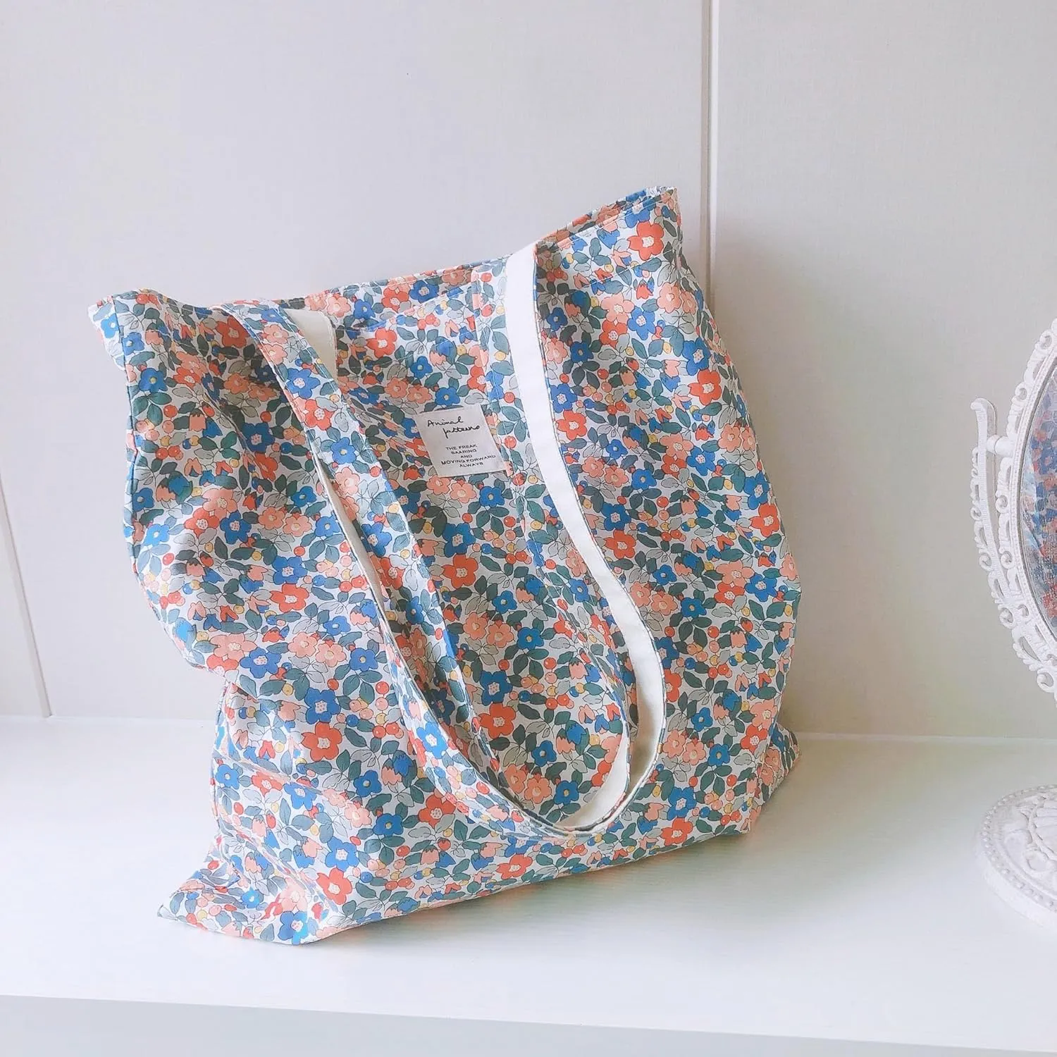 Cotton Canvas Tote Bag Reusable Soft Grocery Cloth Bag Floral Shoulder Bag for Beach Travel Shopping