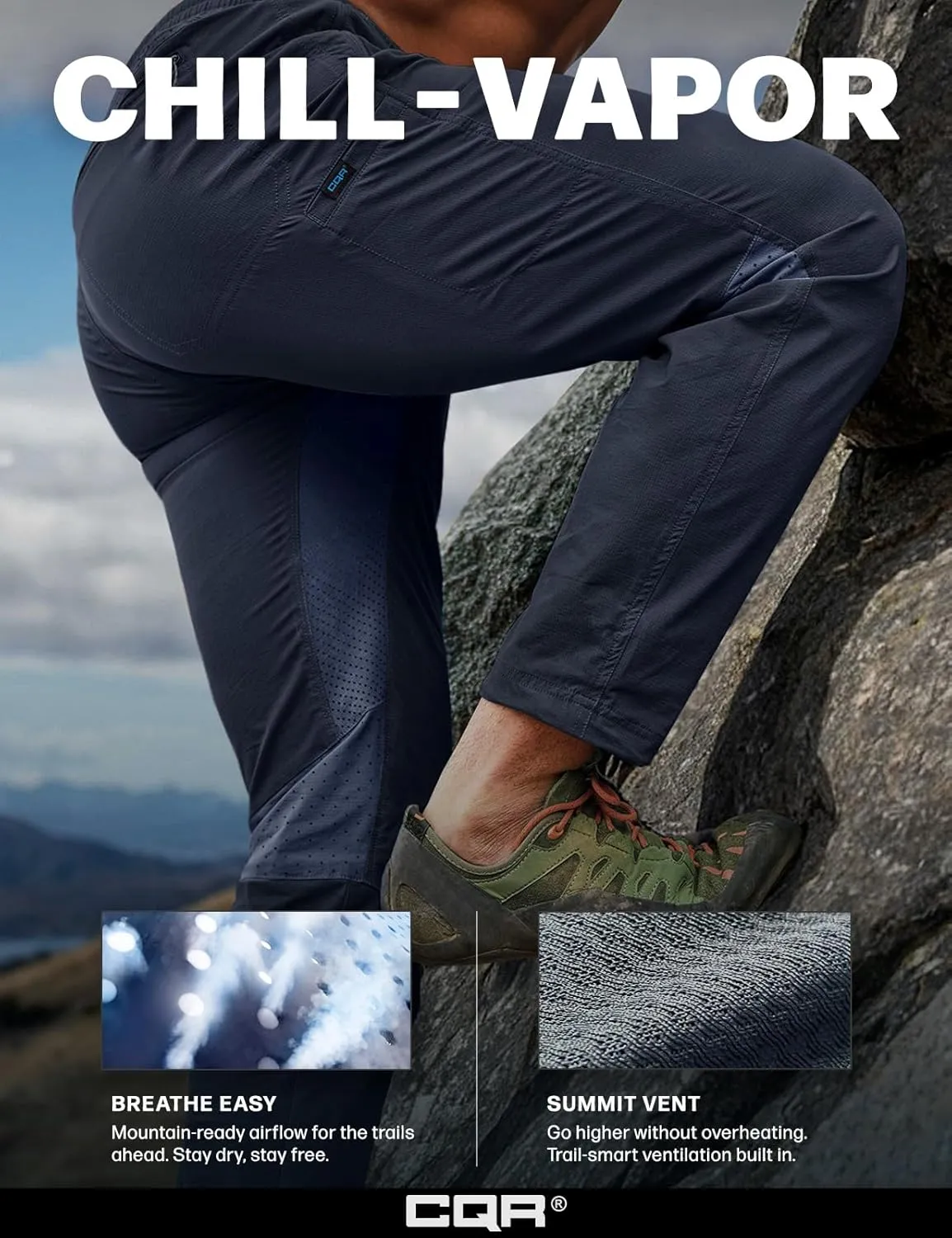 CQR Men's Lightweight Vent Hiking Pants, Water-Resistant & Breathable Sports Outdoor Athletic Pants with Elastic Waist