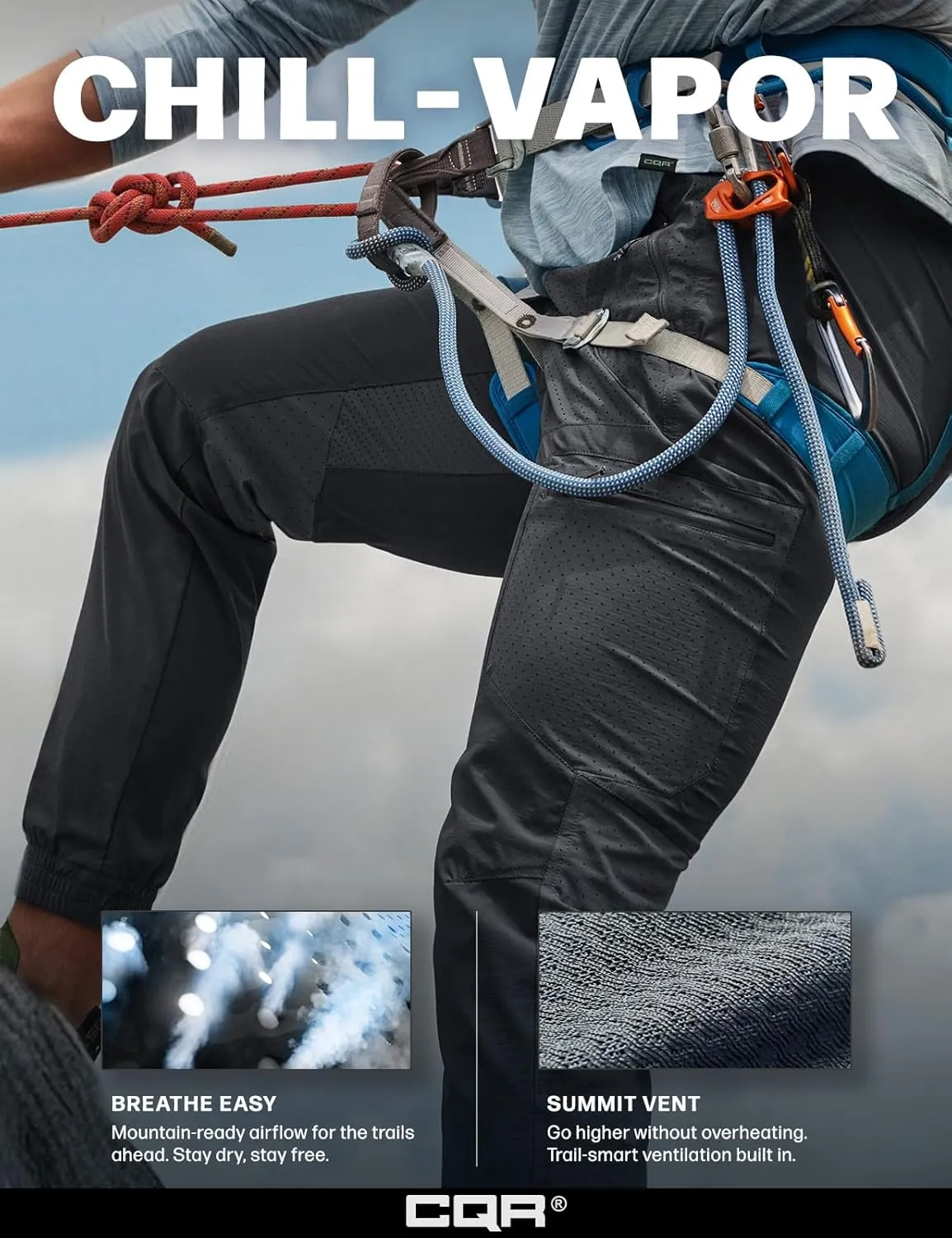 CQR Men's Lightweight Vent Hiking Pants, Water-Resistant & Breathable Sports Outdoor Athletic Pants with Elastic Waist