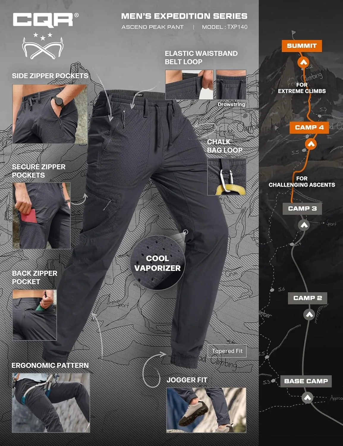 CQR Men's Lightweight Vent Hiking Pants, Water-Resistant & Breathable Sports Outdoor Athletic Pants with Elastic Waist