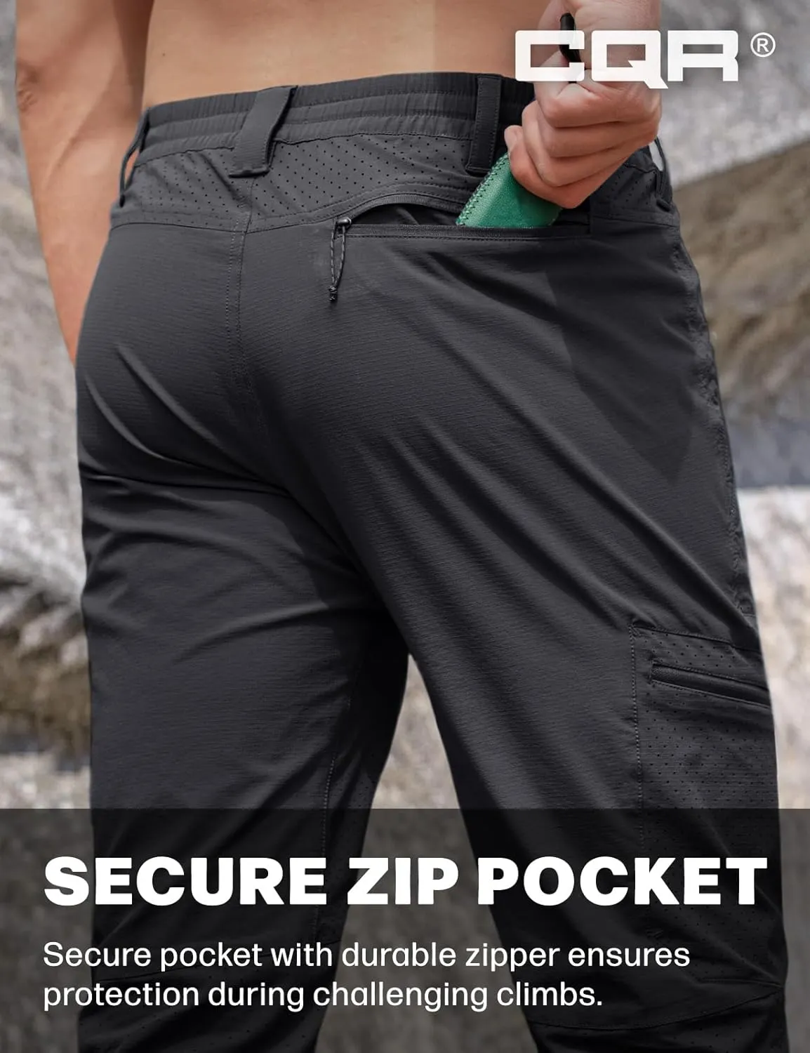 CQR Men's Lightweight Vent Hiking Pants, Water-Resistant & Breathable Sports Outdoor Athletic Pants with Elastic Waist