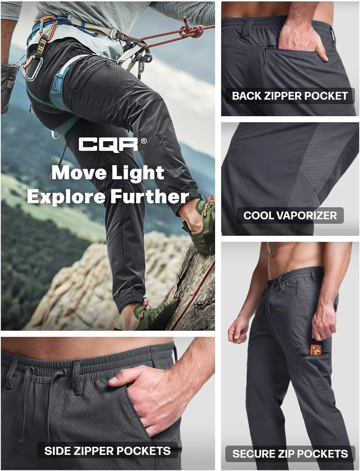 CQR Men's Lightweight Vent Hiking Pants, Water-Resistant & Breathable Sports Outdoor Athletic Pants with Elastic Waist