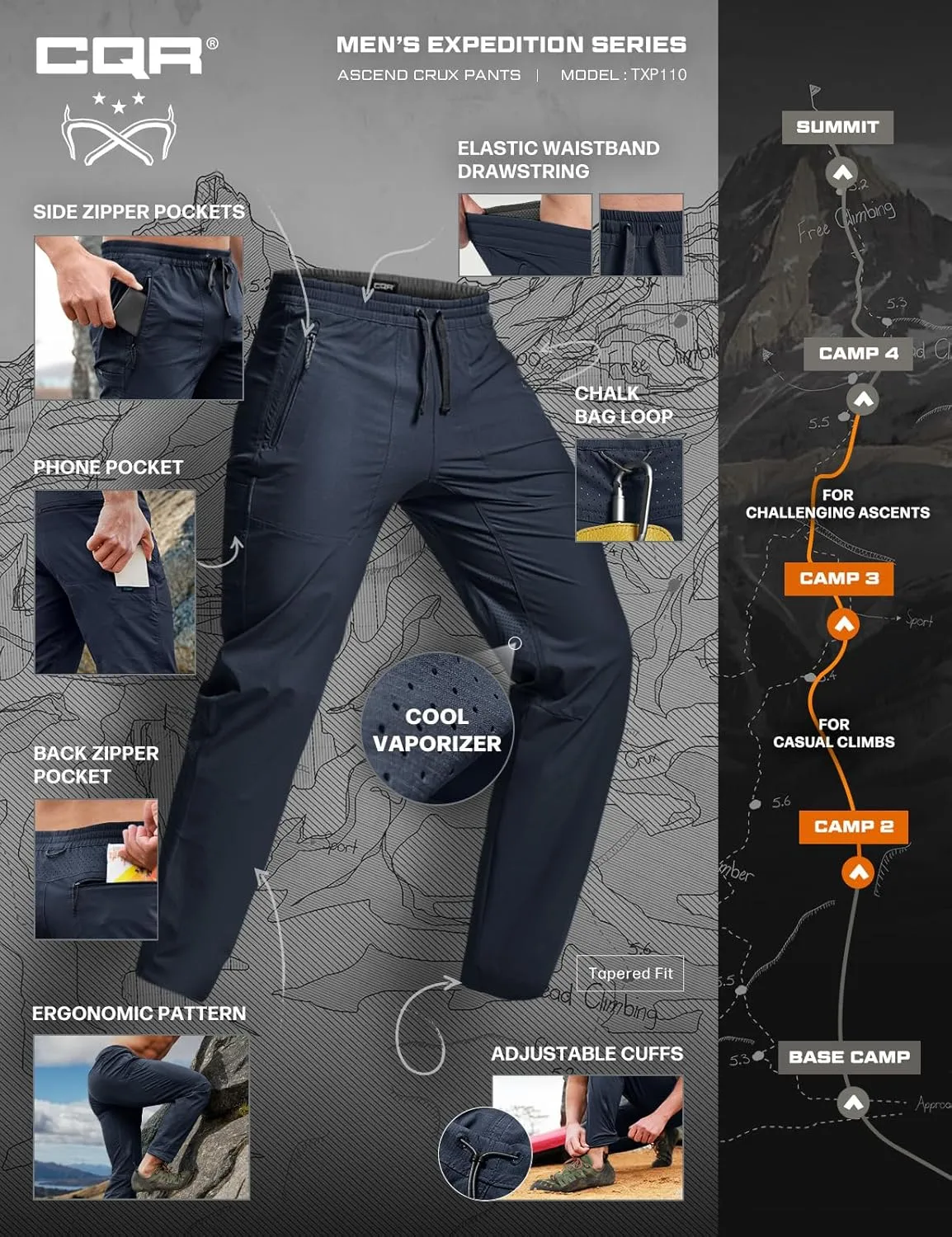 CQR Men's Lightweight Vent Hiking Pants, Water-Resistant & Breathable Sports Outdoor Athletic Pants with Elastic Waist