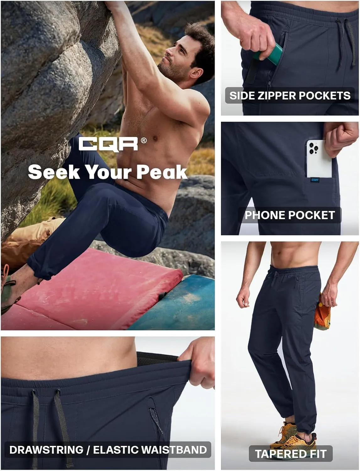 CQR Men's Lightweight Vent Hiking Pants, Water-Resistant & Breathable Sports Outdoor Athletic Pants with Elastic Waist