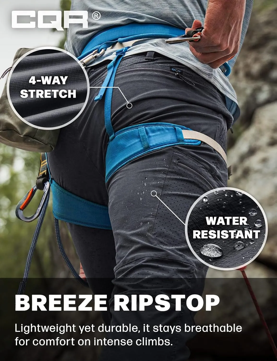CQR Men's Lightweight Vent Hiking Pants, Water-Resistant & Breathable Sports Outdoor Athletic Pants with Elastic Waist