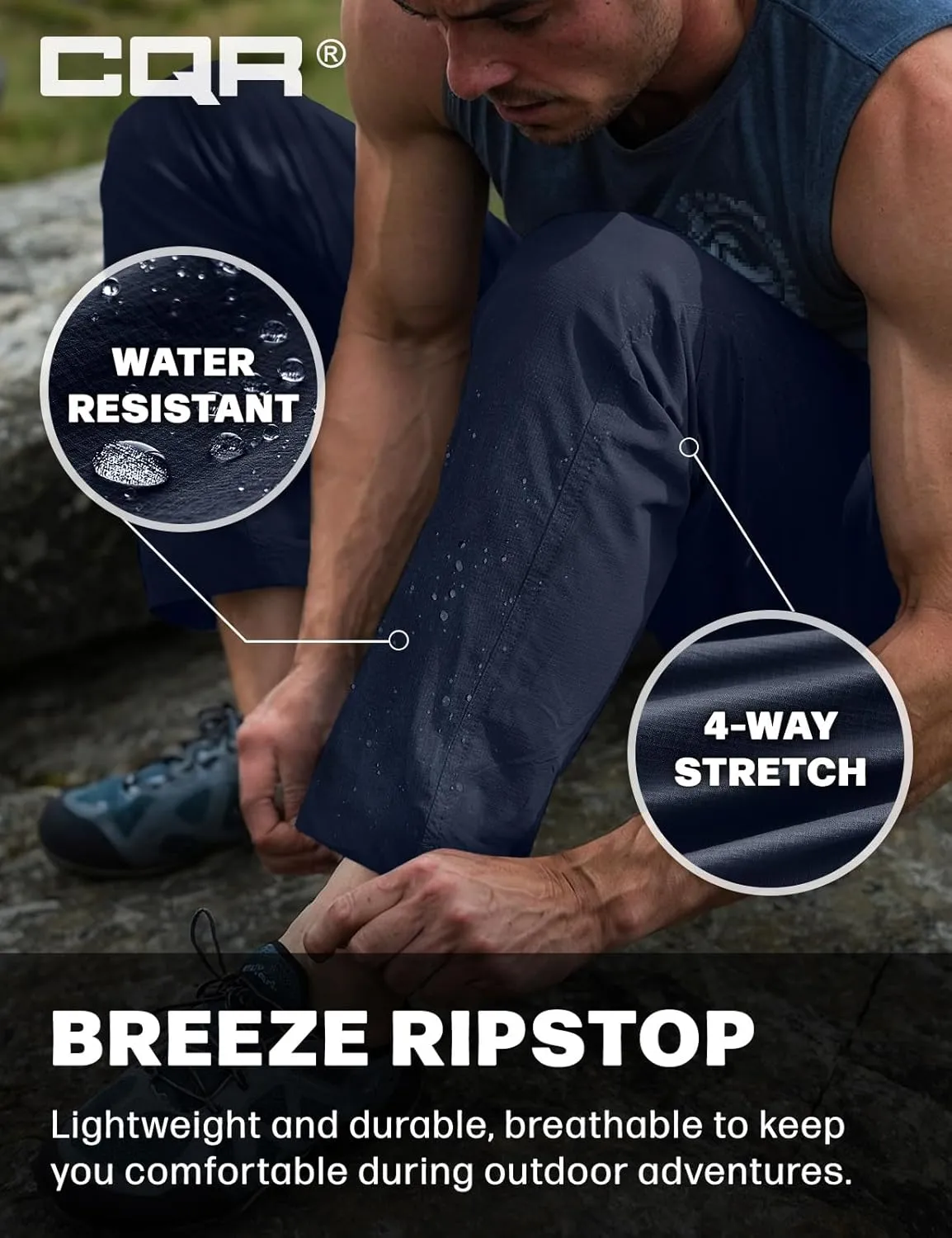 CQR Men's Lightweight Vent Hiking Pants, Water-Resistant & Breathable Sports Outdoor Athletic Pants with Elastic Waist