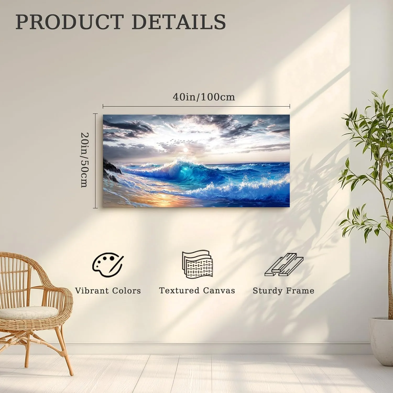 crmotu Ocean Wave Wall Art, Beach Landscape Large Artwork, Nature Coastal Scenic Paintings Canvas Prints, Seascape Pictures Wall Decor Living Room Bedroom Modern Office Decorations 20x40inch