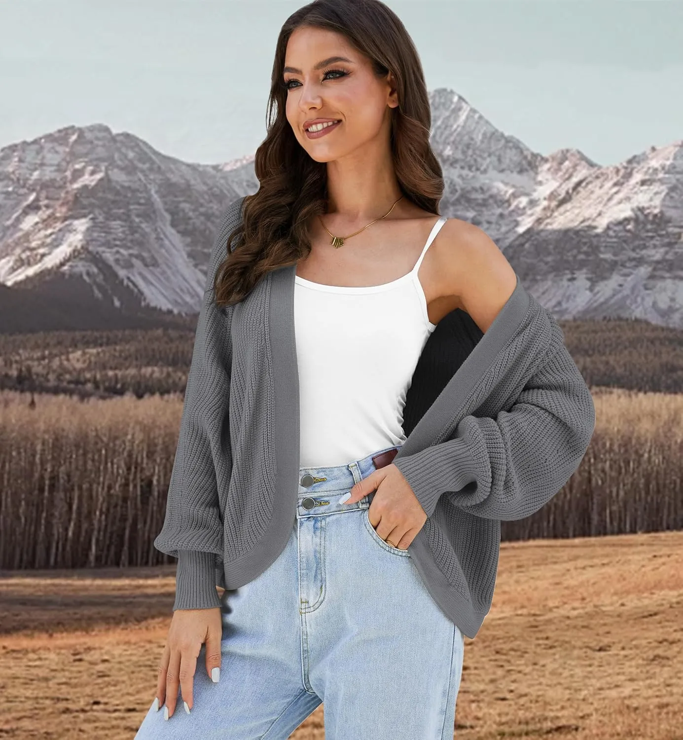 Cropped Cardigan Sweaters for Women Trendy Chunky Cable Knit Soft Cute Loose Sweaters Coats for Casual