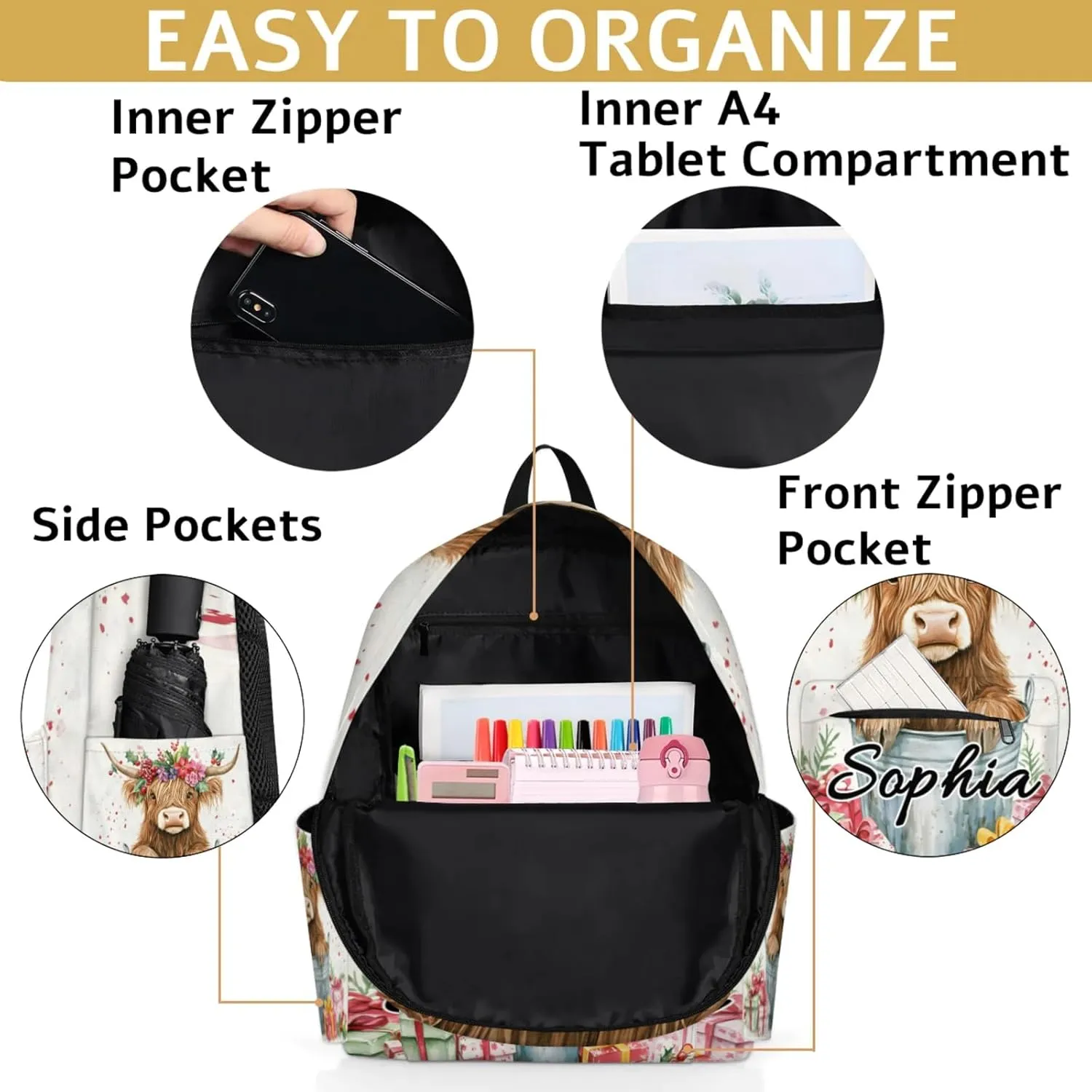 Custom Backpack Bags with Name, Highland Cow Personalized Shoulder Bag, Waterproof Large Capacity Casual Daypack