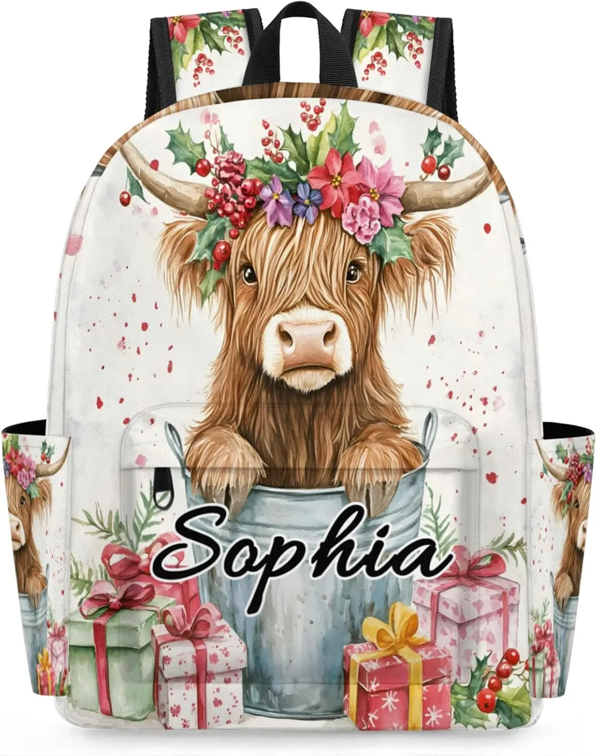 Custom Backpack Bags with Name, Highland Cow Personalized Shoulder Bag, Waterproof Large Capacity Casual Daypack