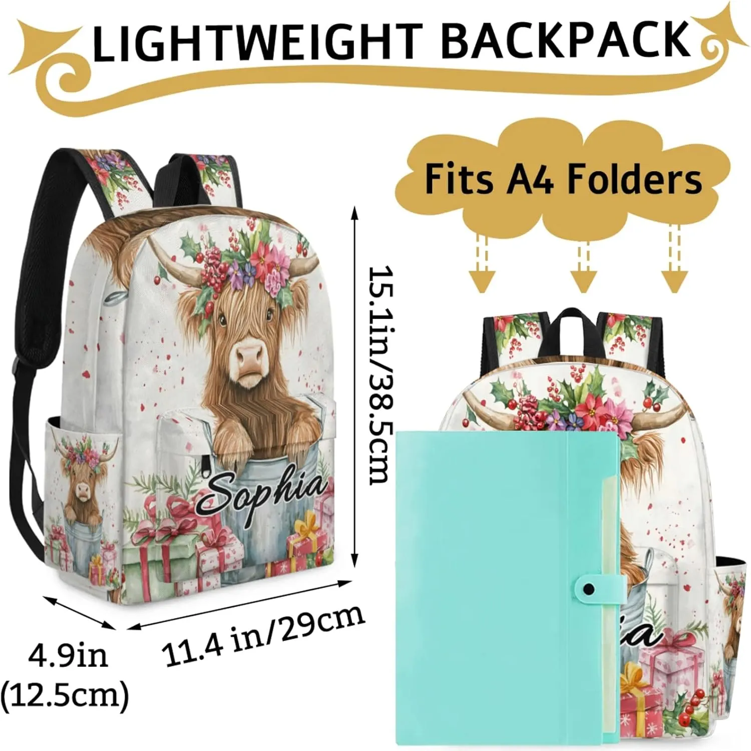 Custom Backpack Bags with Name, Highland Cow Personalized Shoulder Bag, Waterproof Large Capacity Casual Daypack