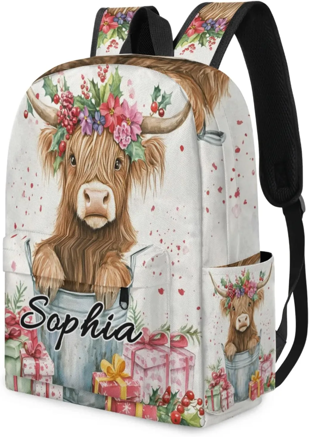 Custom Backpack Bags with Name, Highland Cow Personalized Shoulder Bag, Waterproof Large Capacity Casual Daypack