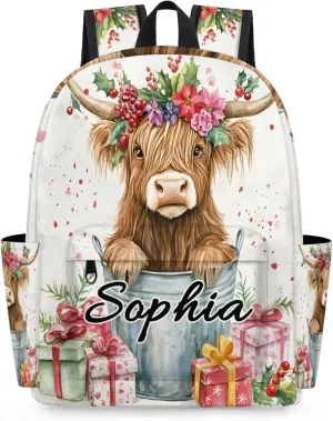Custom Backpack Bags with Name, Highland Cow Personalized Shoulder Bag, Waterproof Large Capacity Casual Daypack