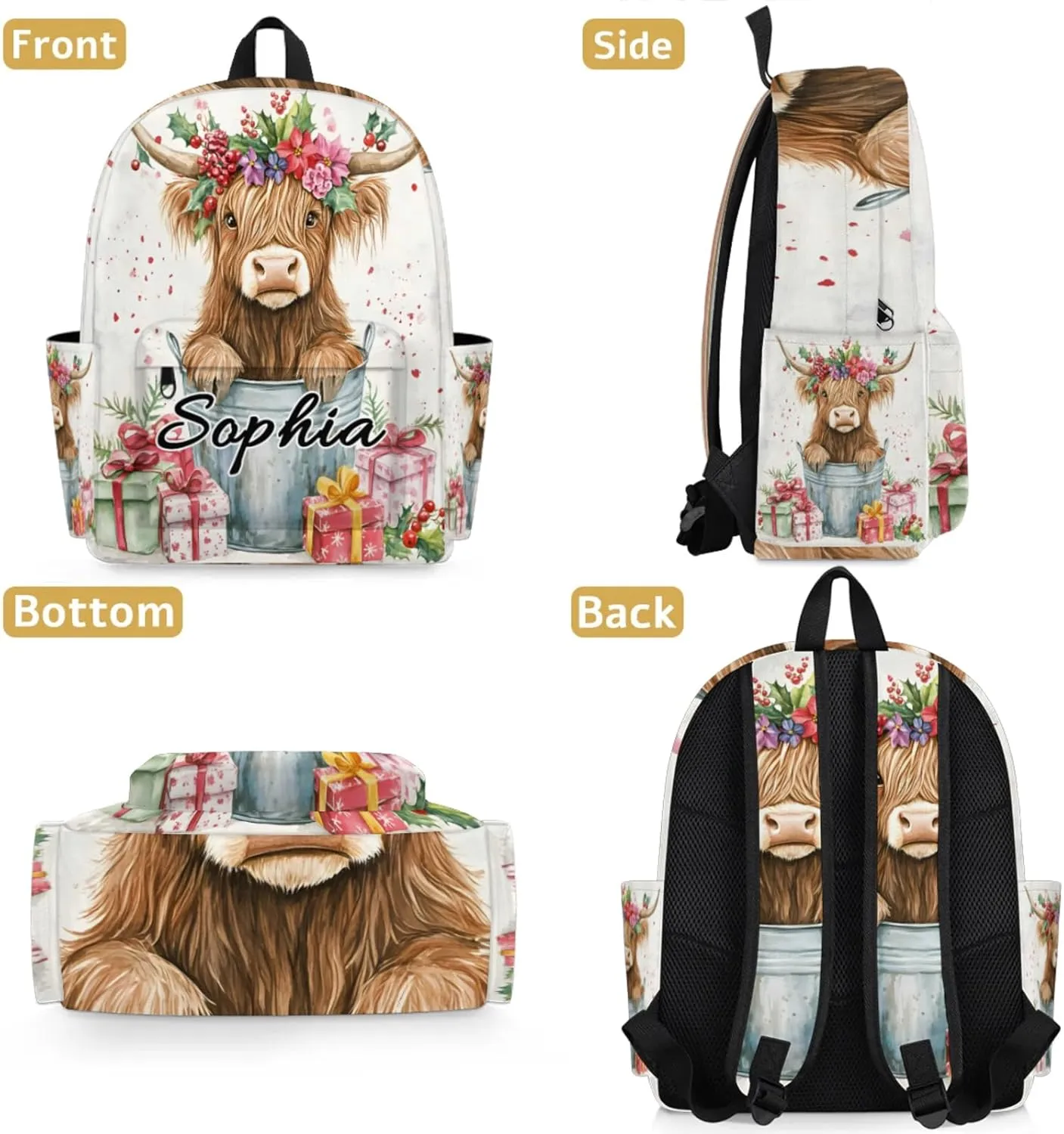 Custom Backpack Bags with Name, Highland Cow Personalized Shoulder Bag, Waterproof Large Capacity Casual Daypack