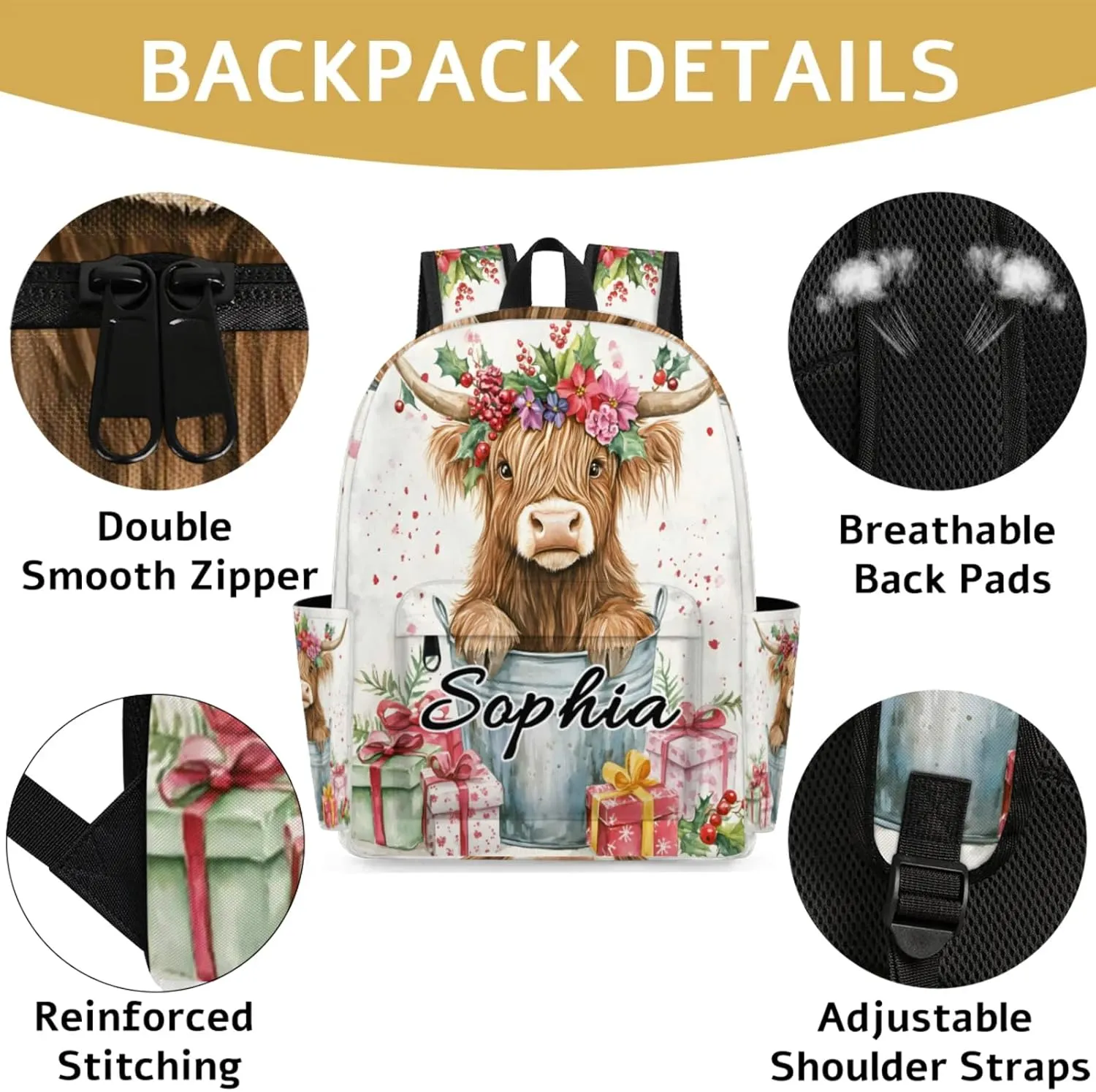 Custom Backpack Bags with Name, Highland Cow Personalized Shoulder Bag, Waterproof Large Capacity Casual Daypack