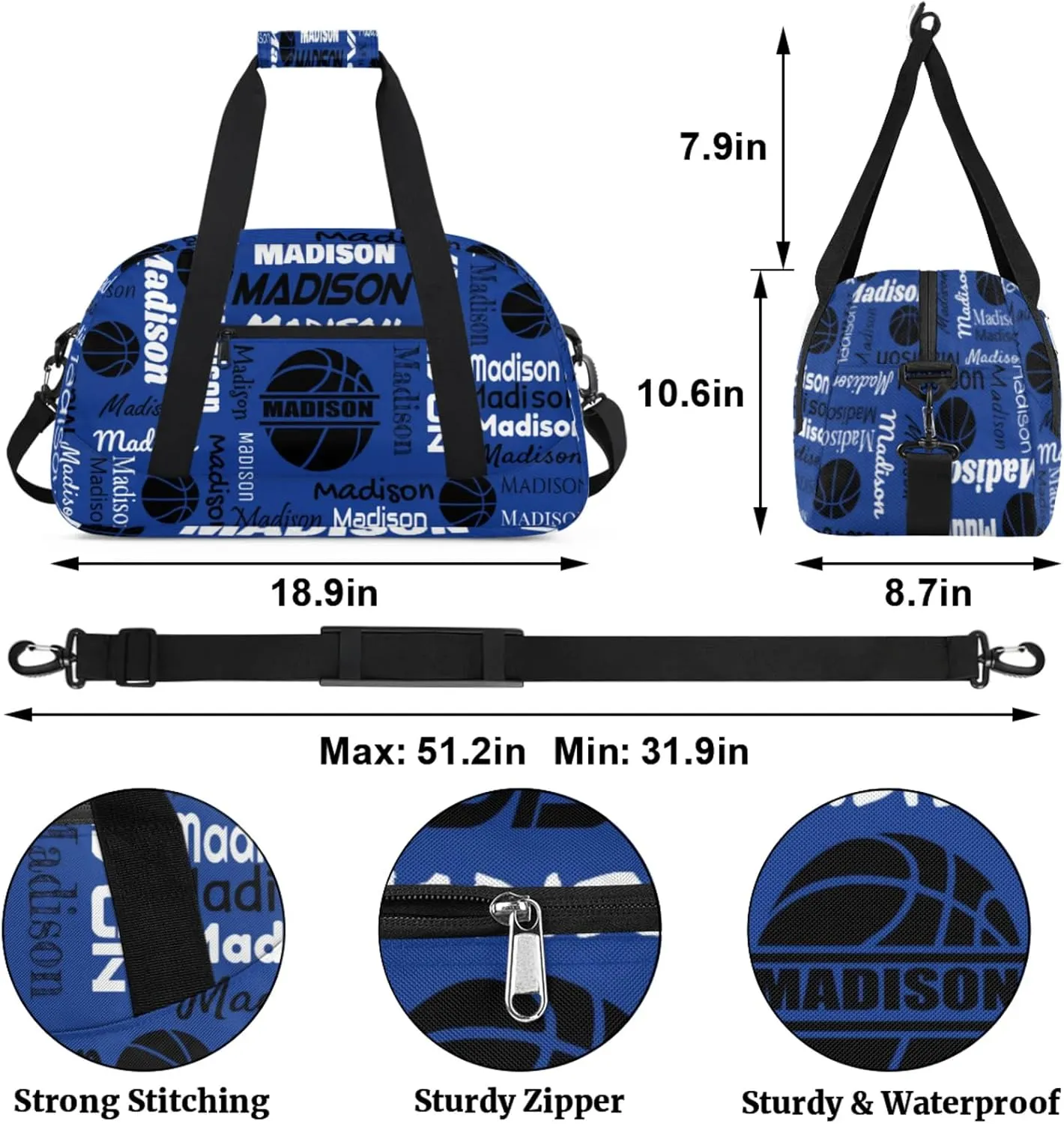 Custom Basketball Gym Duffel Bag for Women Men, Personalized Name Travel Sport Bags Customized Balls Weekender Bag, Cobalt Blue