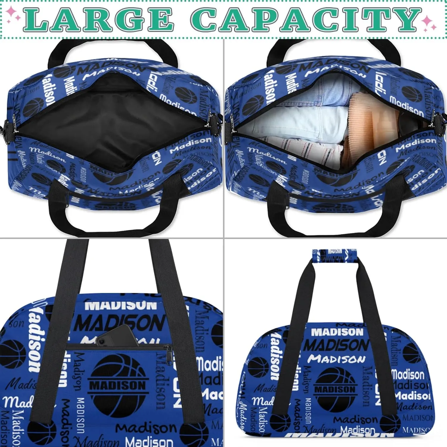 Custom Basketball Gym Duffel Bag for Women Men, Personalized Name Travel Sport Bags Customized Balls Weekender Bag, Cobalt Blue