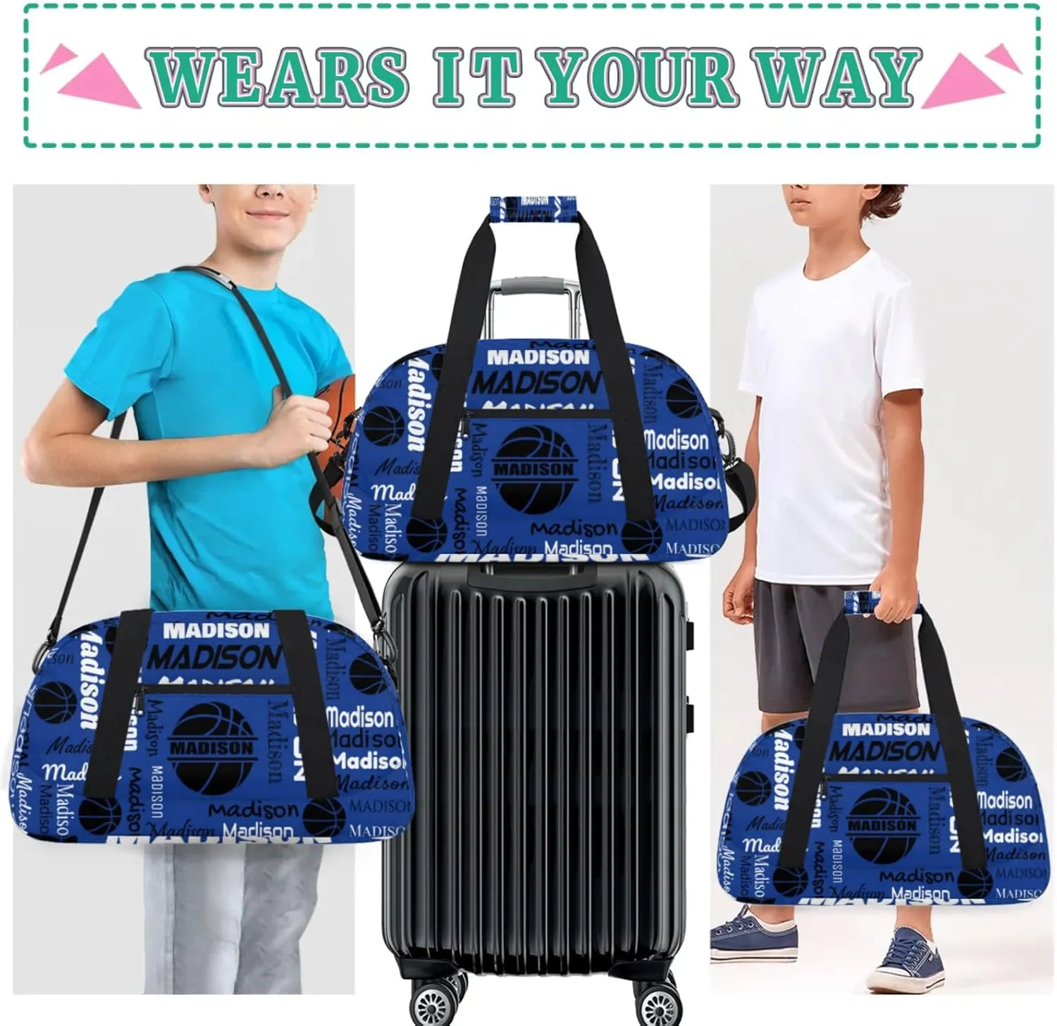 Custom Basketball Gym Duffel Bag for Women Men, Personalized Name Travel Sport Bags Customized Balls Weekender Bag, Cobalt Blue