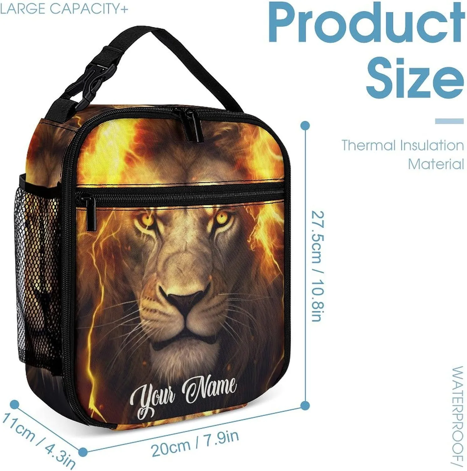Custom Lion Backpack with Lunch Box & Pencil Case, 16 Inch Cute Lions Themed Bookbag, Adjustable Lightweight Large Capacity, Colorful Daily Casual Backpacks Set with Lunch Bag