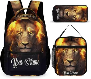 Custom Lion Backpack with Lunch Box & Pencil Case, 16 Inch Cute Lions Themed Bookbag, Adjustable Lightweight Large Capacity, Colorful Daily Casual Backpacks Set with Lunch Bag