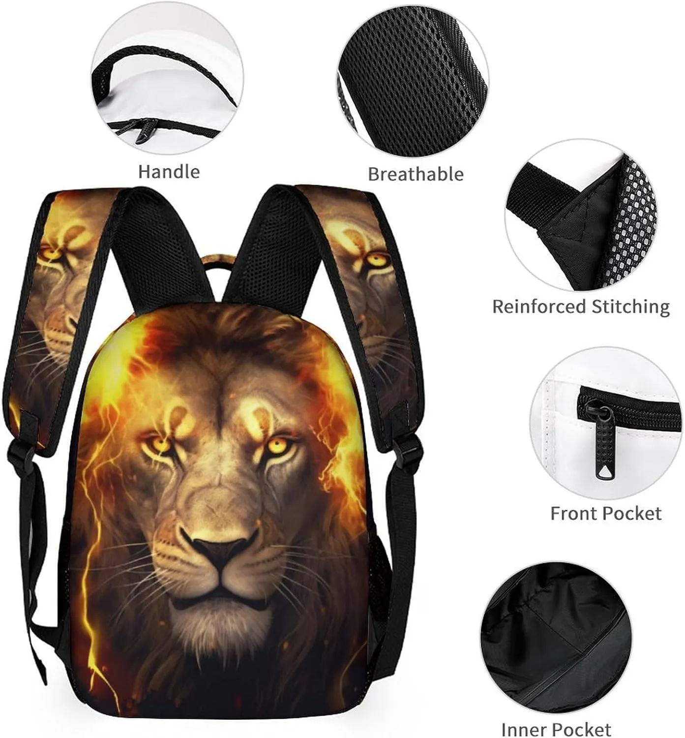 Custom Lion Backpack with Lunch Box & Pencil Case, 16 Inch Cute Lions Themed Bookbag, Adjustable Lightweight Large Capacity, Colorful Daily Casual Backpacks Set with Lunch Bag