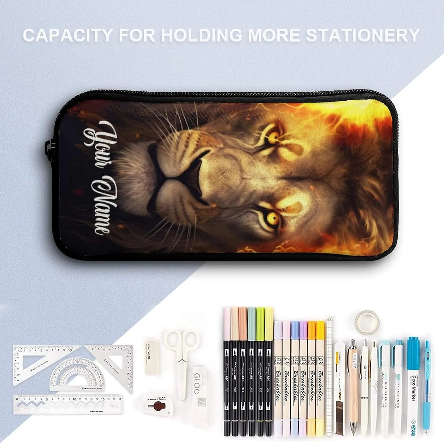 Custom Lion Backpack with Lunch Box & Pencil Case, 16 Inch Cute Lions Themed Bookbag, Adjustable Lightweight Large Capacity, Colorful Daily Casual Backpacks Set with Lunch Bag