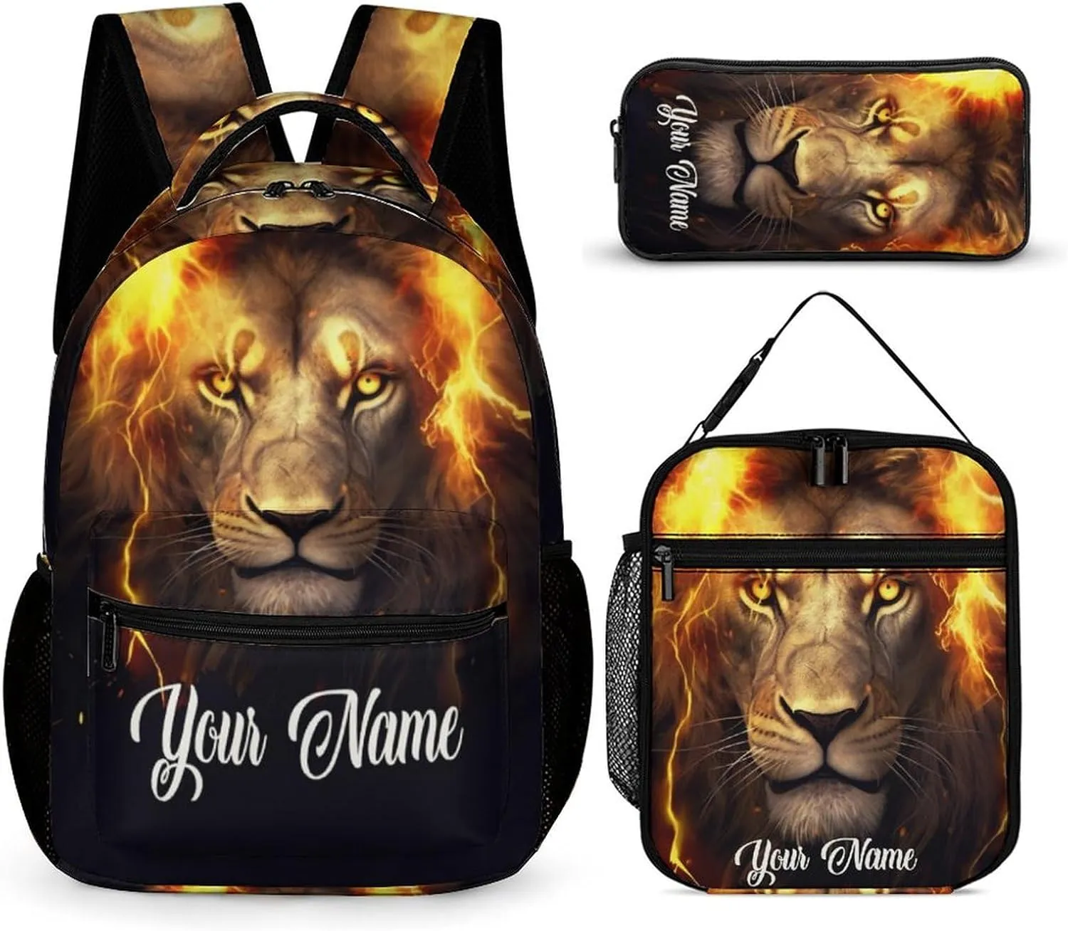 Custom Lion Backpack with Lunch Box & Pencil Case, 16 Inch Cute Lions Themed Bookbag, Adjustable Lightweight Large Capacity, Colorful Daily Casual Backpacks Set with Lunch Bag