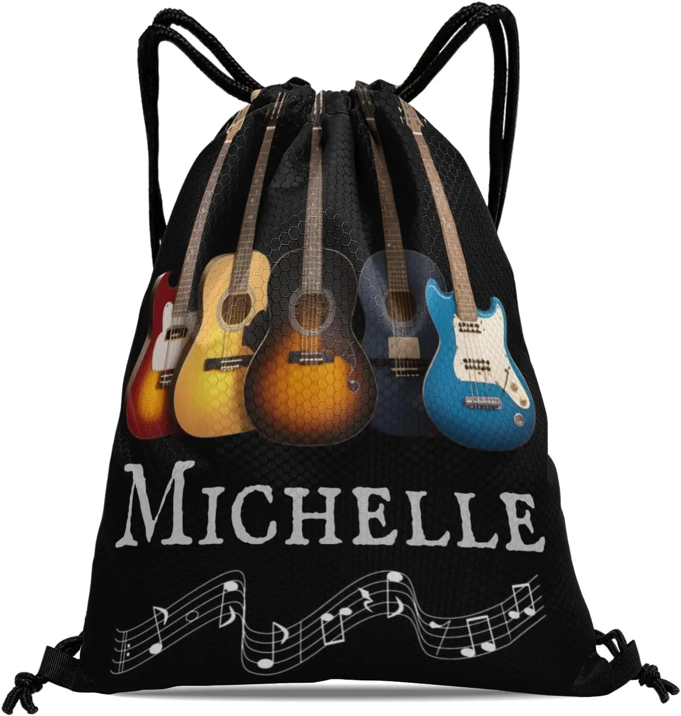 Customized Bass Music Note Guitar Drawstring Bag with Team Name Personalized Cheerleading Hiking Fishing Drawstring Bag for Yoga Running