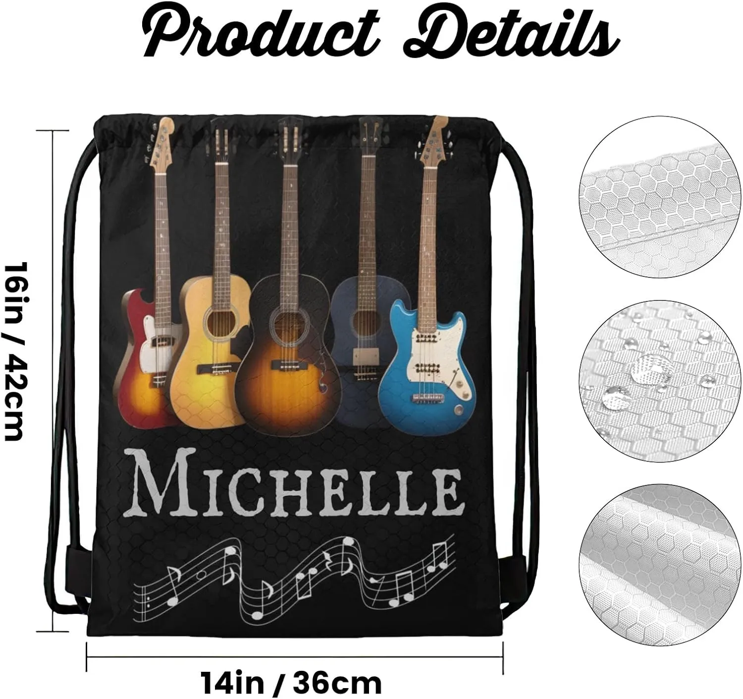 Customized Bass Music Note Guitar Drawstring Bag with Team Name Personalized Cheerleading Hiking Fishing Drawstring Bag for Yoga Running