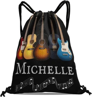 Customized Bass Music Note Guitar Drawstring Bag with Team Name Personalized Cheerleading Hiking Fishing Drawstring Bag for Yoga Running