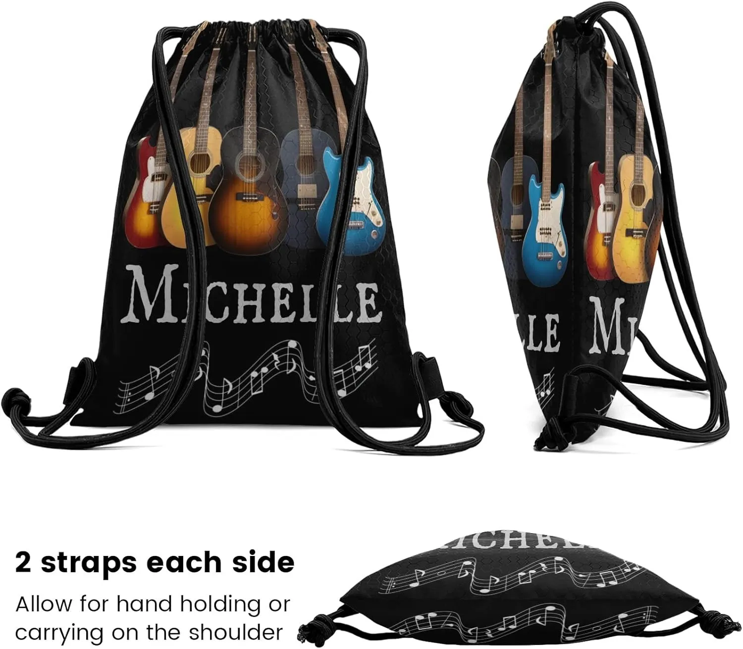 Customized Bass Music Note Guitar Drawstring Bag with Team Name Personalized Cheerleading Hiking Fishing Drawstring Bag for Yoga Running