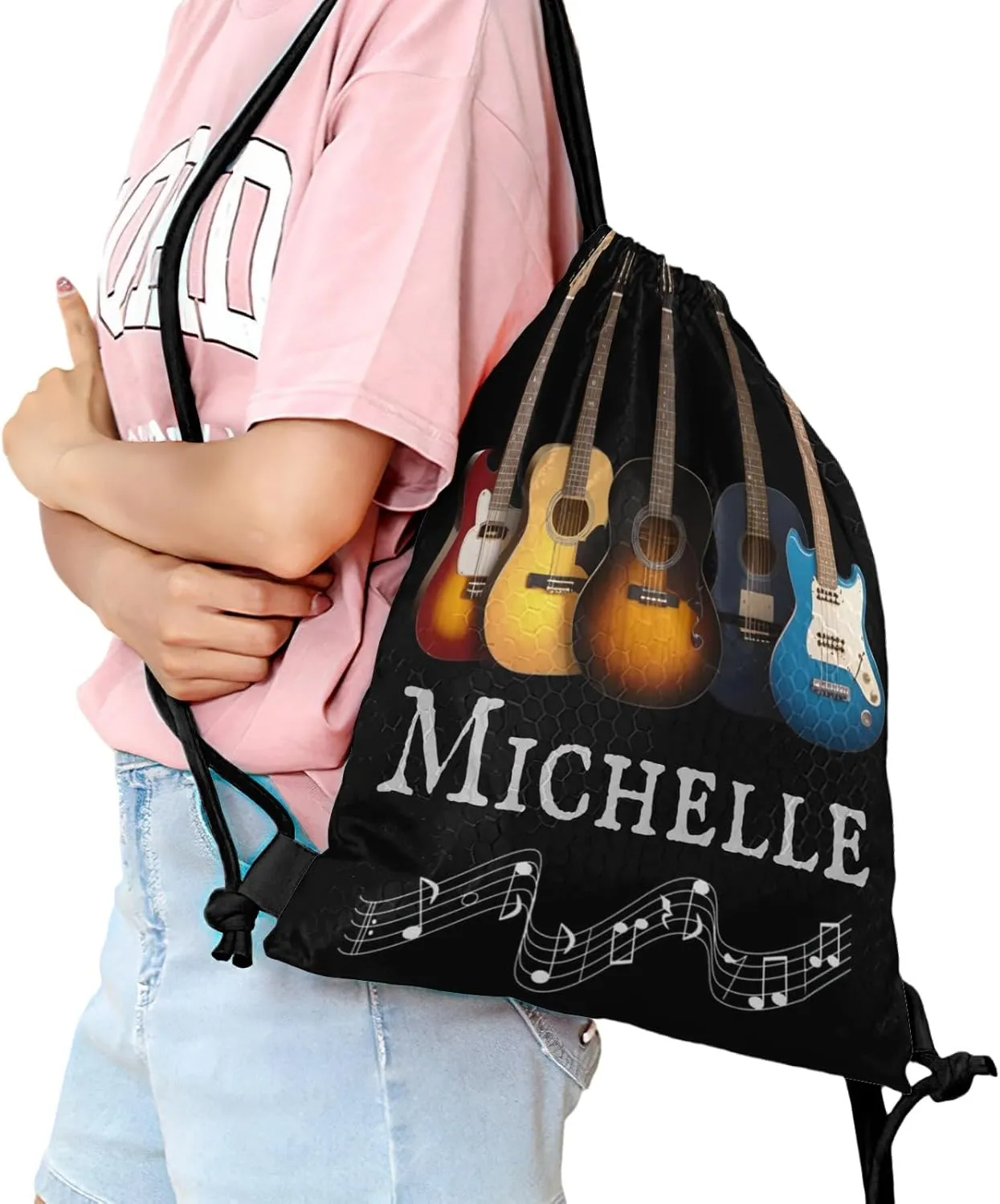 Customized Bass Music Note Guitar Drawstring Bag with Team Name Personalized Cheerleading Hiking Fishing Drawstring Bag for Yoga Running