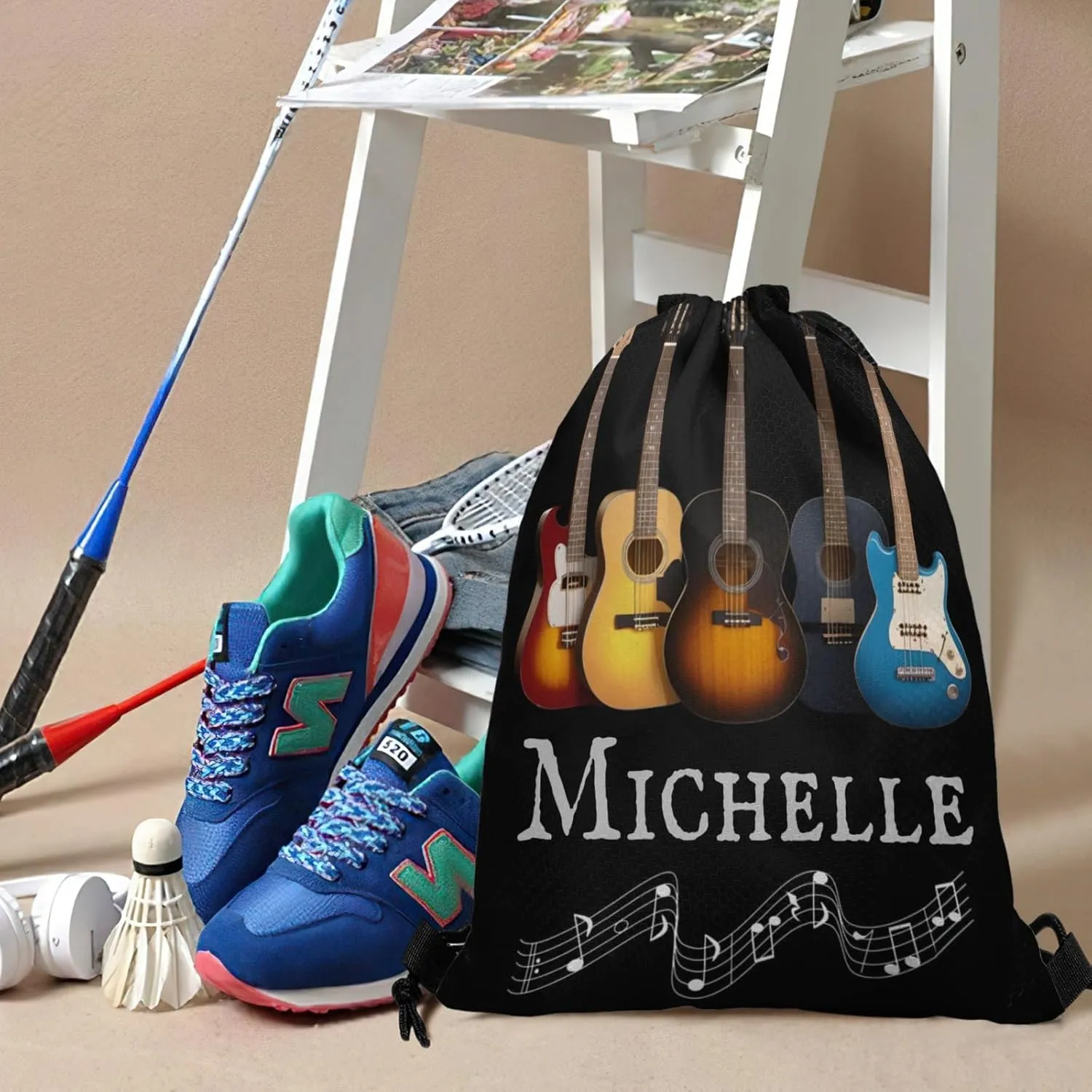 Customized Bass Music Note Guitar Drawstring Bag with Team Name Personalized Cheerleading Hiking Fishing Drawstring Bag for Yoga Running