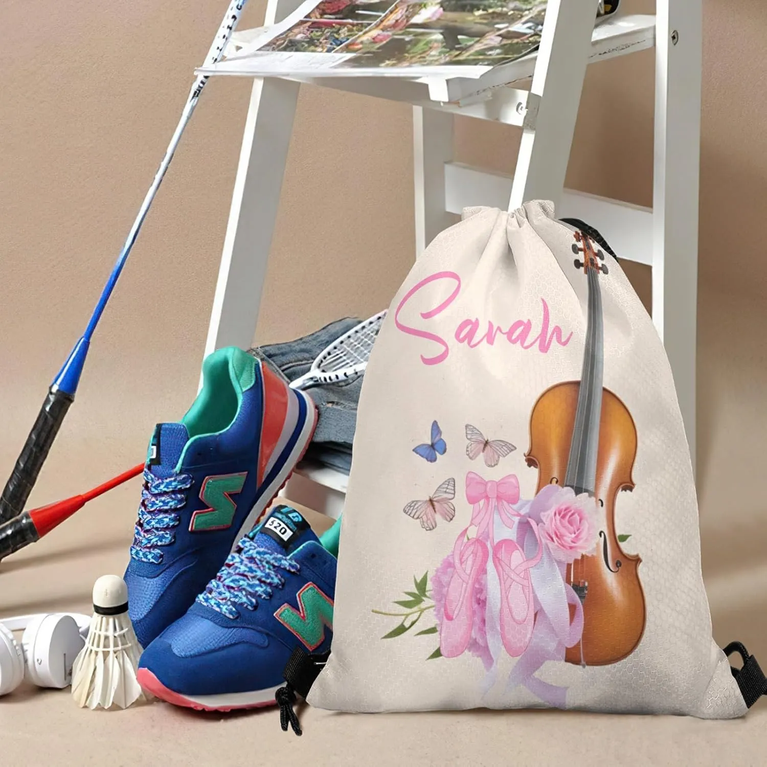 Customized Team Name Personalized Drawstring Bag Pink Ballet Shoes Guitar Music Multifunctional Backpack for Men Women Dance Book Bag