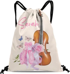 Customized Team Name Personalized Drawstring Bag Pink Ballet Shoes Guitar Music Multifunctional Backpack for Men Women Dance Book Bag